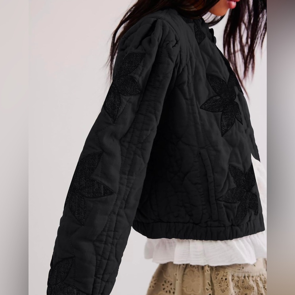 Gacaky Floral Embroidered Cropped Quilted Jacket Winter Warm Button Down Puffer